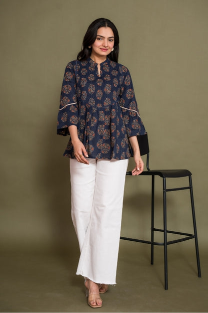 Ekisha's women floral navy designer cotton tunic top short kurti, front view