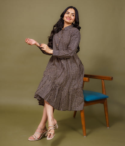 Ekisha's women black checks collared pure cotton midi dress, front view 5