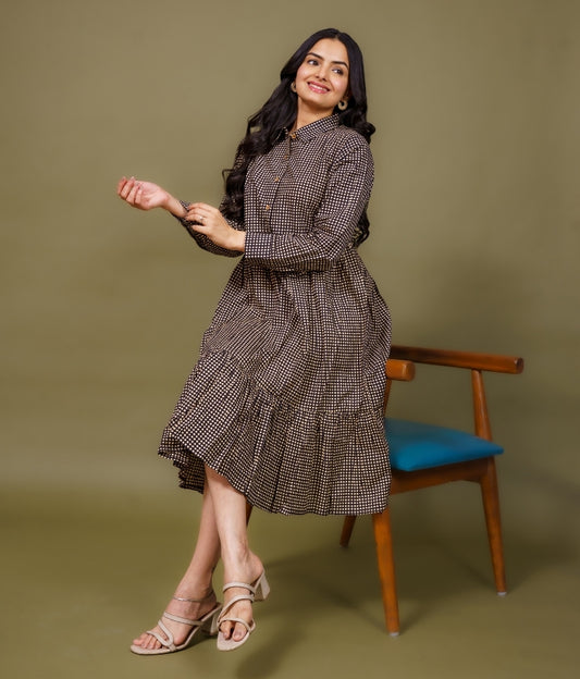 Ekisha's women black checks collared pure cotton midi dress, front view 5