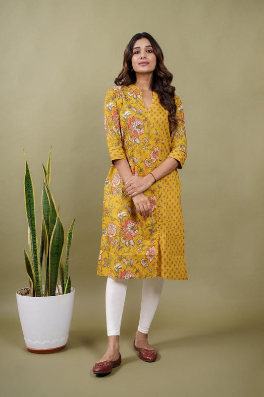 Ekisha women's cotton yellow floral printed angrakha kurta kurti - Ekisha