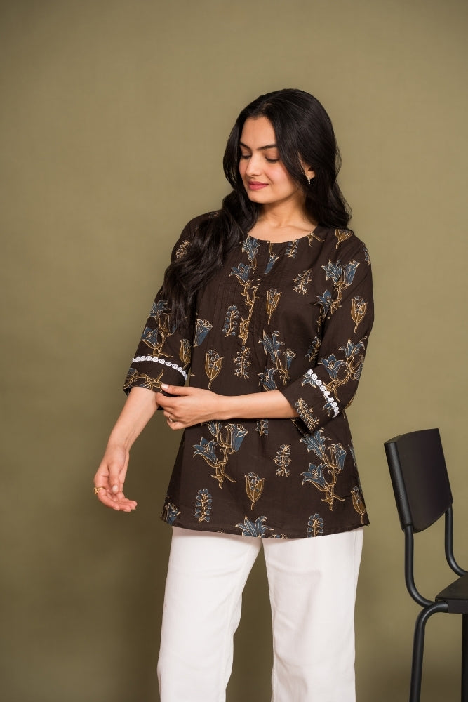 Ekisha's women brown floral printed designer cotton tunic top short kurti, front view 2