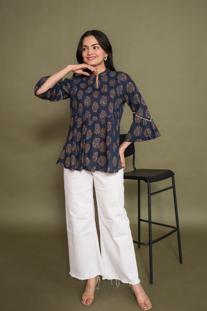 Ekisha's women floral navy designer cotton tunic top short kurti, front view 2