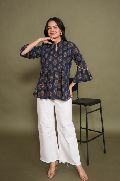 Ekisha's women floral navy designer cotton tunic top short kurti, front view 2