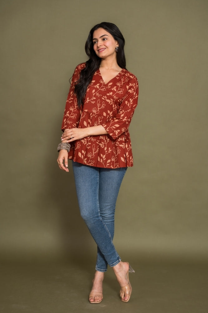 Ekisha's women maroon floral angrakha printed cotton tunic top short kurti, front view 2