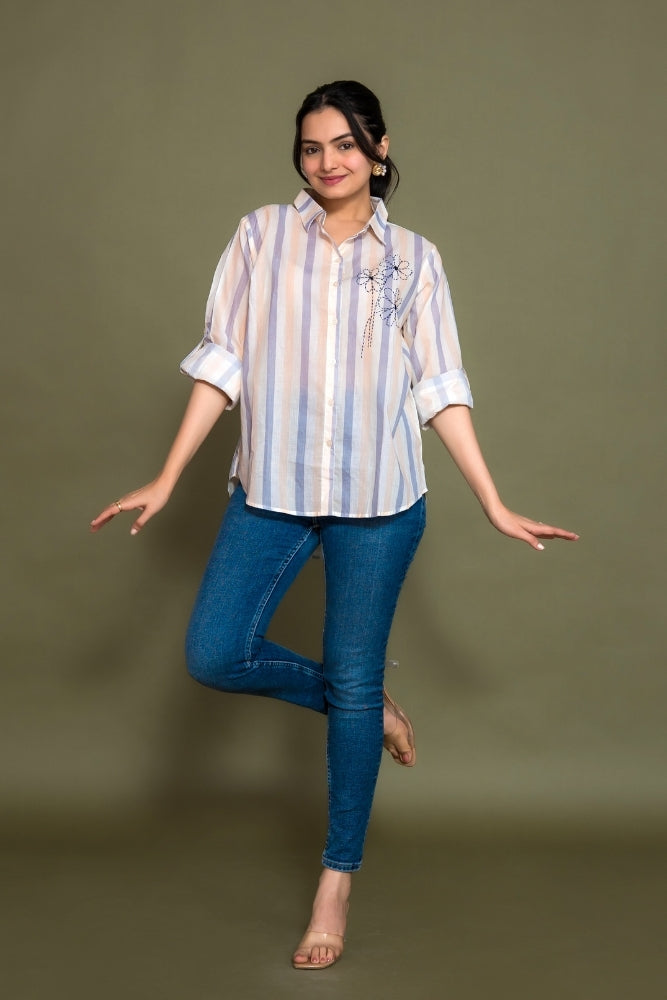 Ekisha women cotton white blue color stripes printed embroidered relaxed fit shirt, front view 4