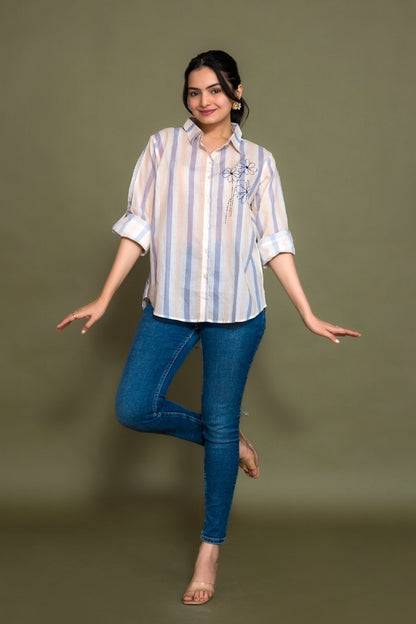 Ekisha women cotton white blue color stripes printed embroidered relaxed fit shirt, front view 4