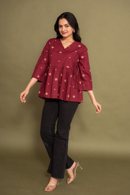 Ekisha's women dark rani abstract angrakha printed cotton tunic top short kurti, front view 3