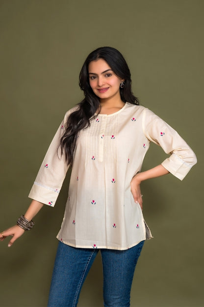 Ekisha's women cream floral printed designer cotton tunic top short kurti, front view 3