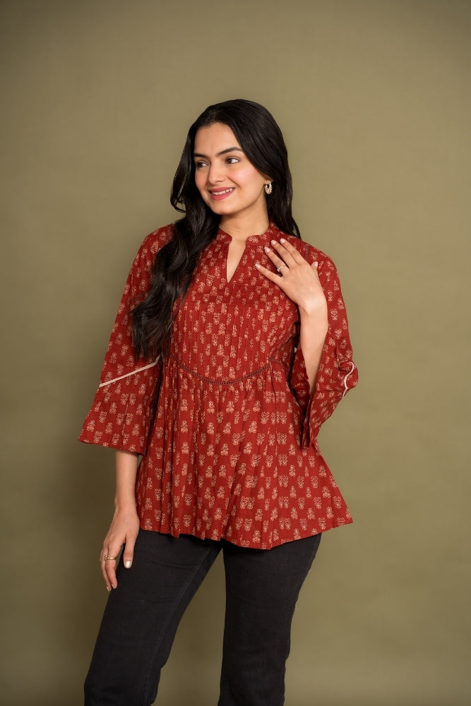 Ekisha's women floral maroon designer cotton tunic top short kurti, front view 2