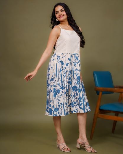Ekisha's women white blue floral printed sleeveless pure cotton midi dress, front view