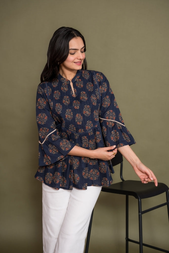 Ekisha's women floral navy designer cotton tunic top short kurti, side view