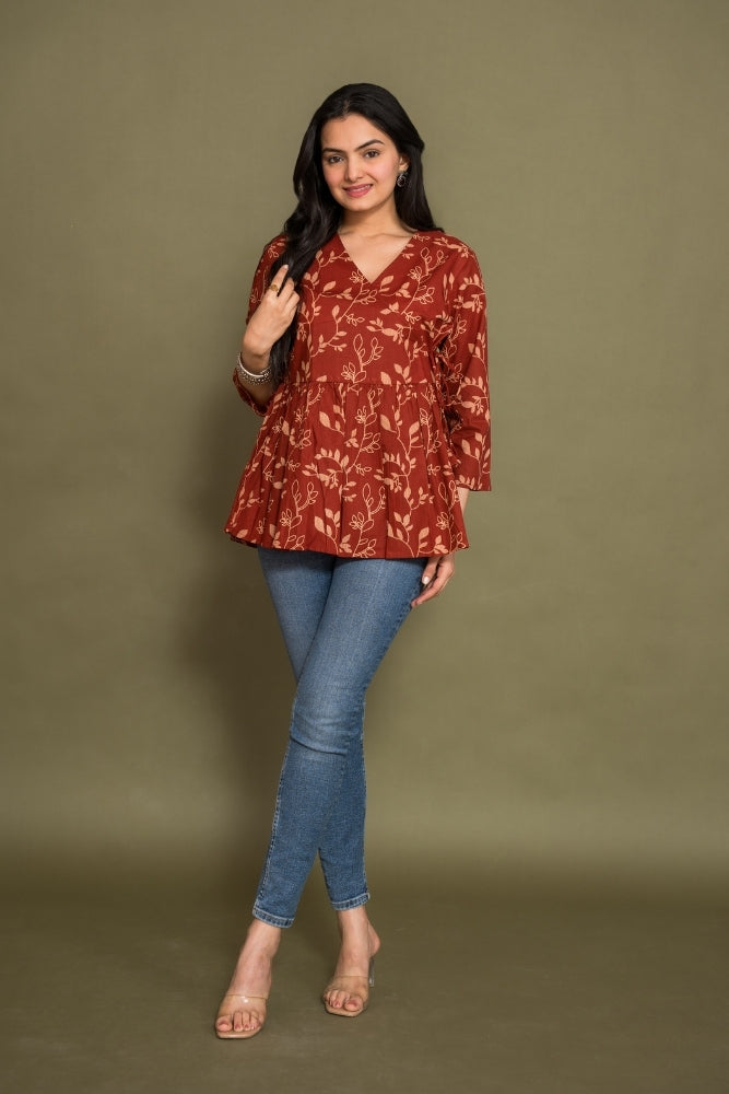 Ekisha's women maroon floral angrakha printed cotton tunic top short kurti, front view 3
