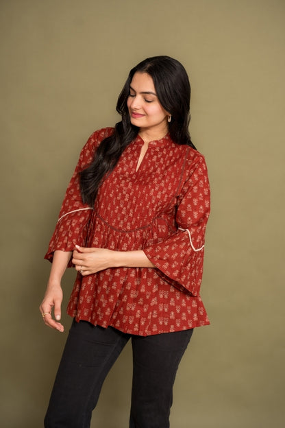 Ekisha's women floral maroon designer cotton tunic top short kurti, front view 3