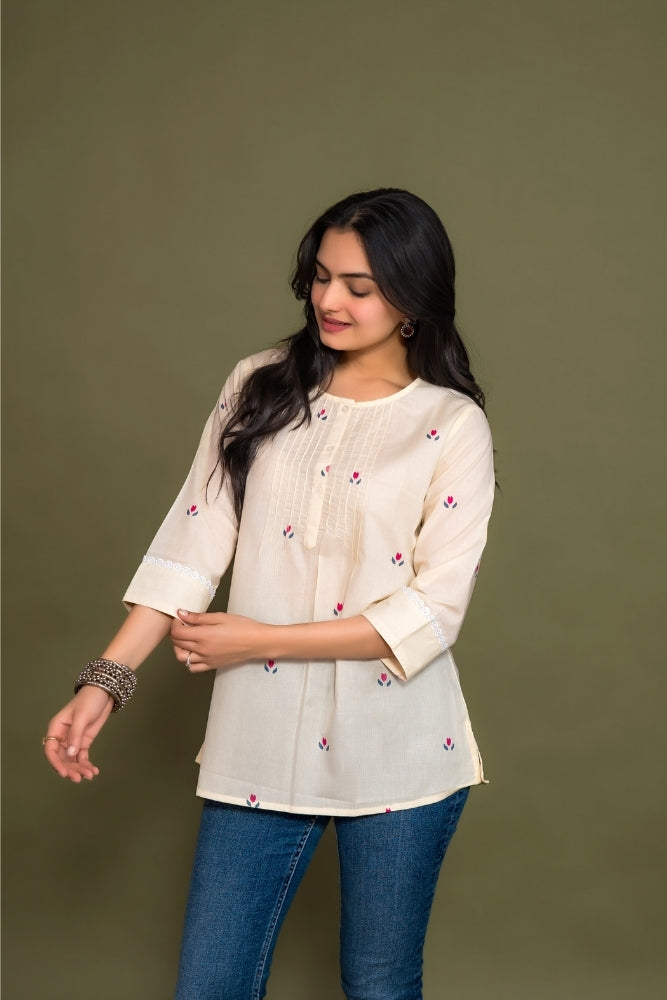 Ekisha's women cream floral printed designer cotton tunic top short kurti, front view 2