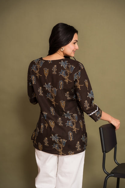 Ekisha's women brown floral printed designer cotton tunic top short kurti, back view 