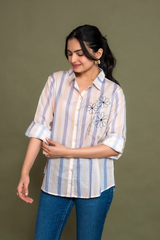 Ekisha women cotton white blue color stripes printed embroidered relaxed fit shirt, front view