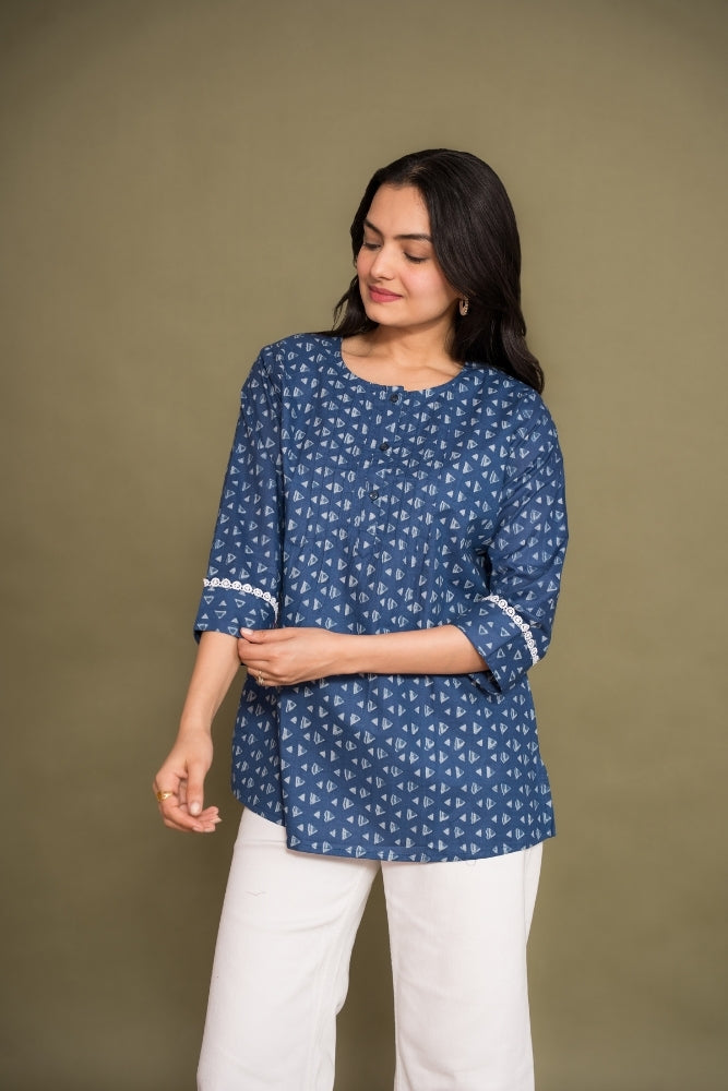 Ekisha's women blue abstract printed designer cotton tunic top short kurti, front view 2