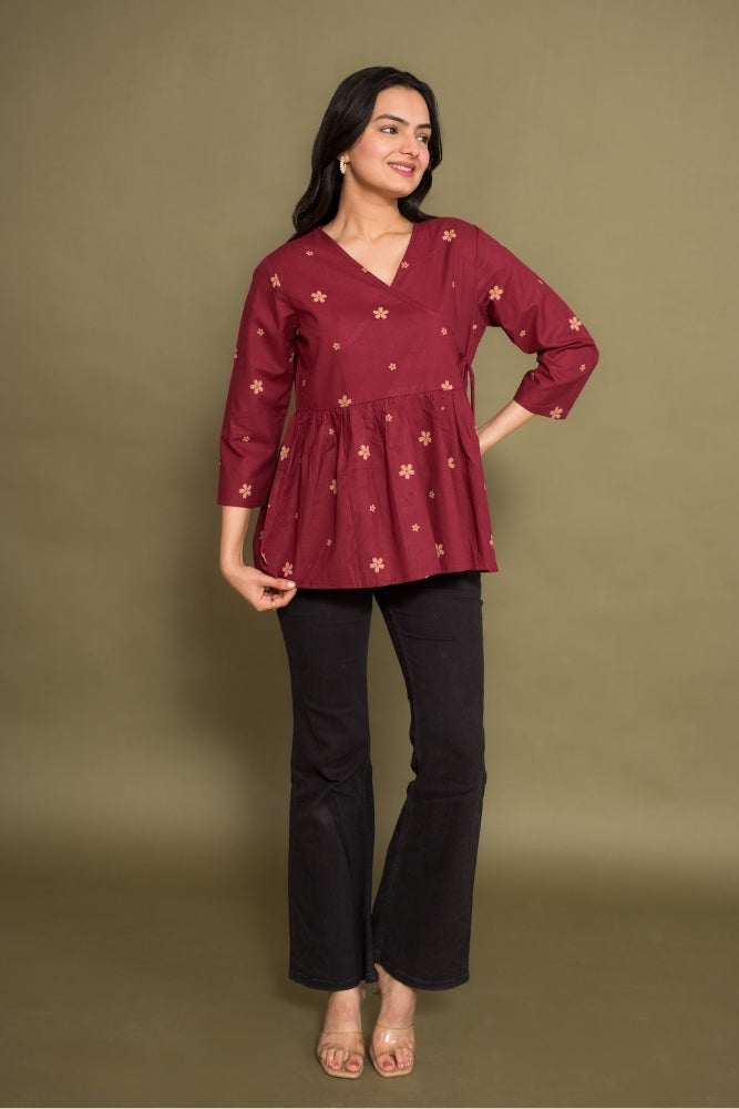 Ekisha's women dark rani abstract angrakha printed cotton tunic top short kurti, front view 4