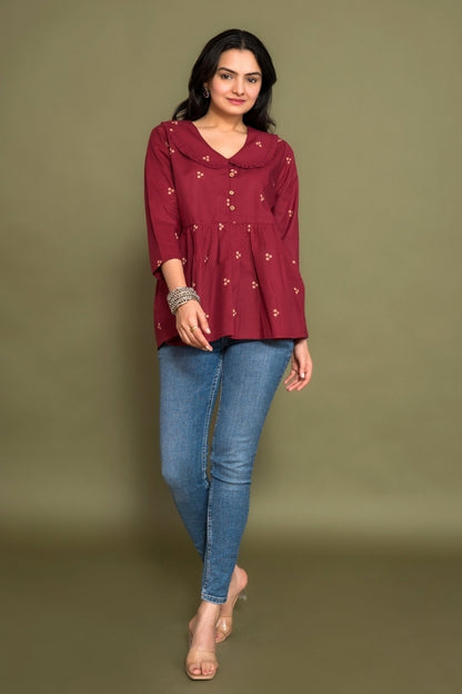 Ekisha's women dark rani floral printed designer cotton tunic top short kurti, front view 3