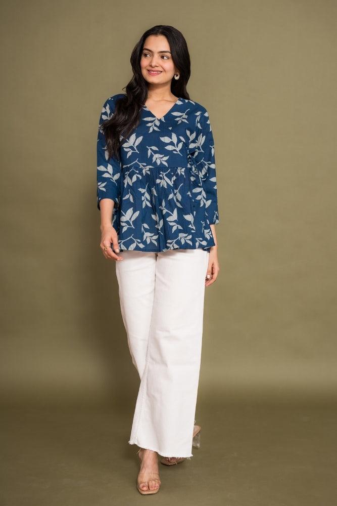 Ekisha's women blue abstract angrakha printed cotton tunic top short kurti, front view 2