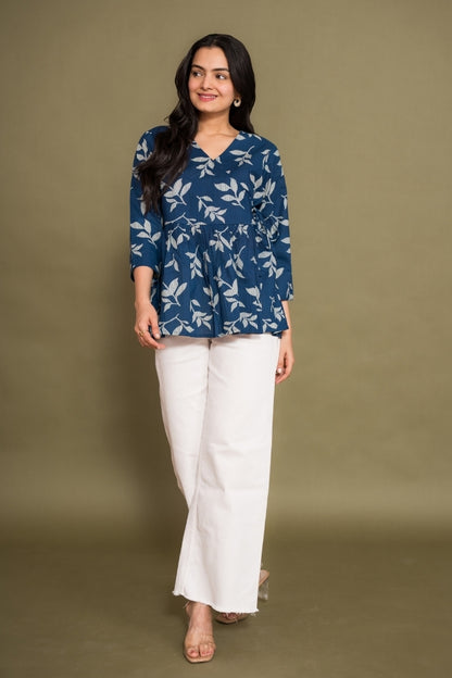 Ekisha's women blue abstract angrakha printed cotton tunic top short kurti, front view 2