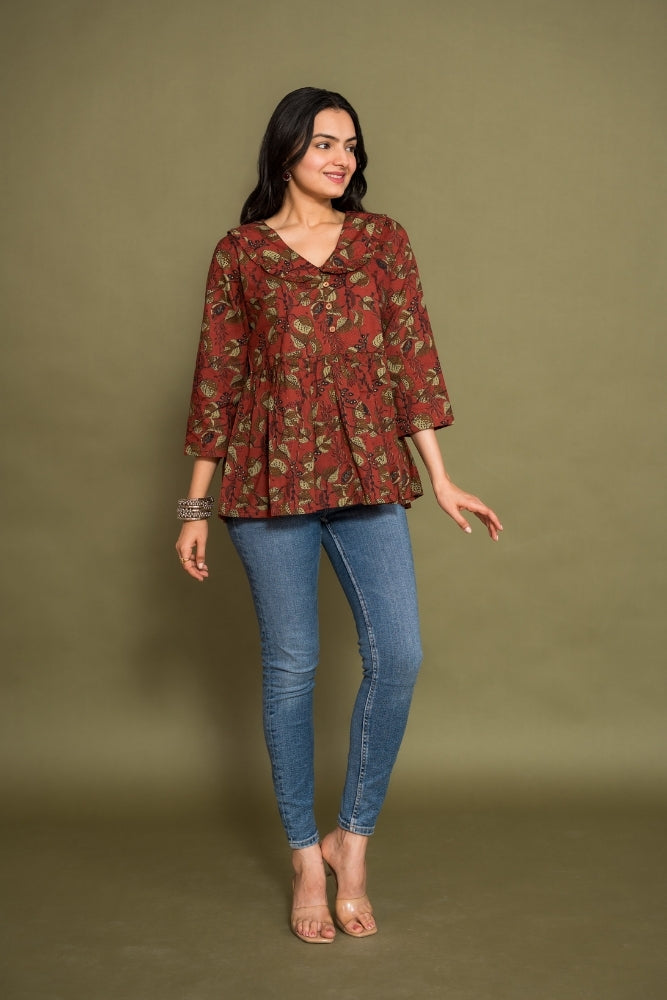 Ekisha's women maroon floral kalamkari designer printed cotton tunic top short kurti, front view 2