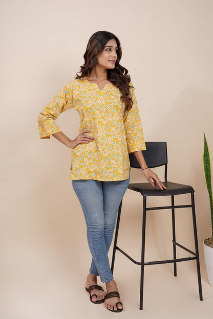 Ekisha's women yellow beautiful designer floral printed cotton tunic top short kurti - Ekisha