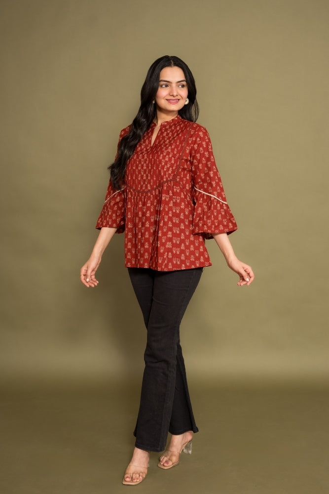 Ekisha's women floral maroon designer cotton tunic top short kurti, side view