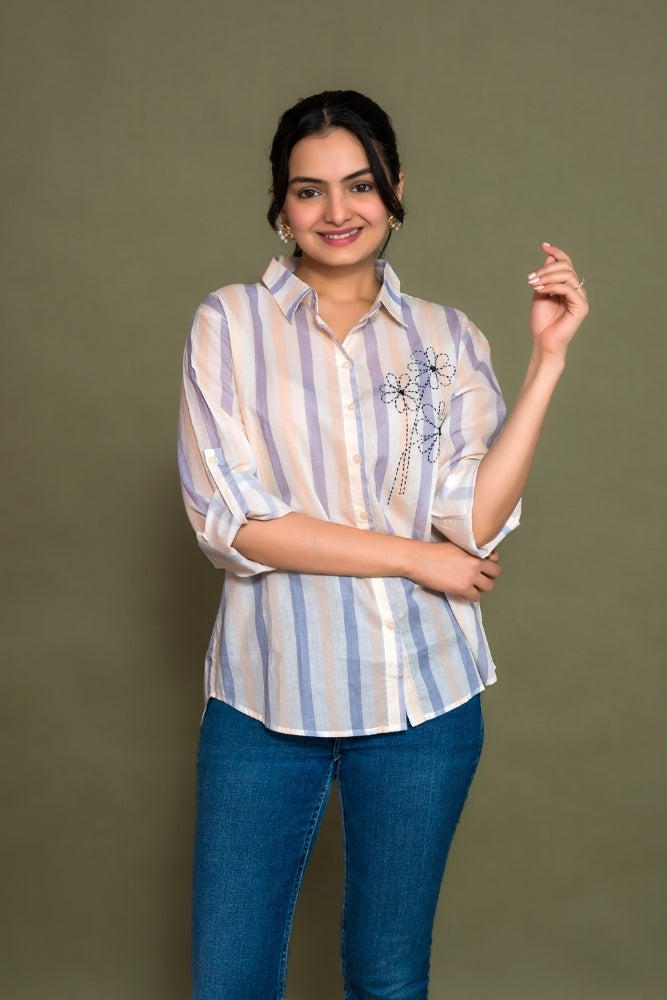 Ekisha women cotton white blue color stripes printed embroidered relaxed fit shirt, front view 2