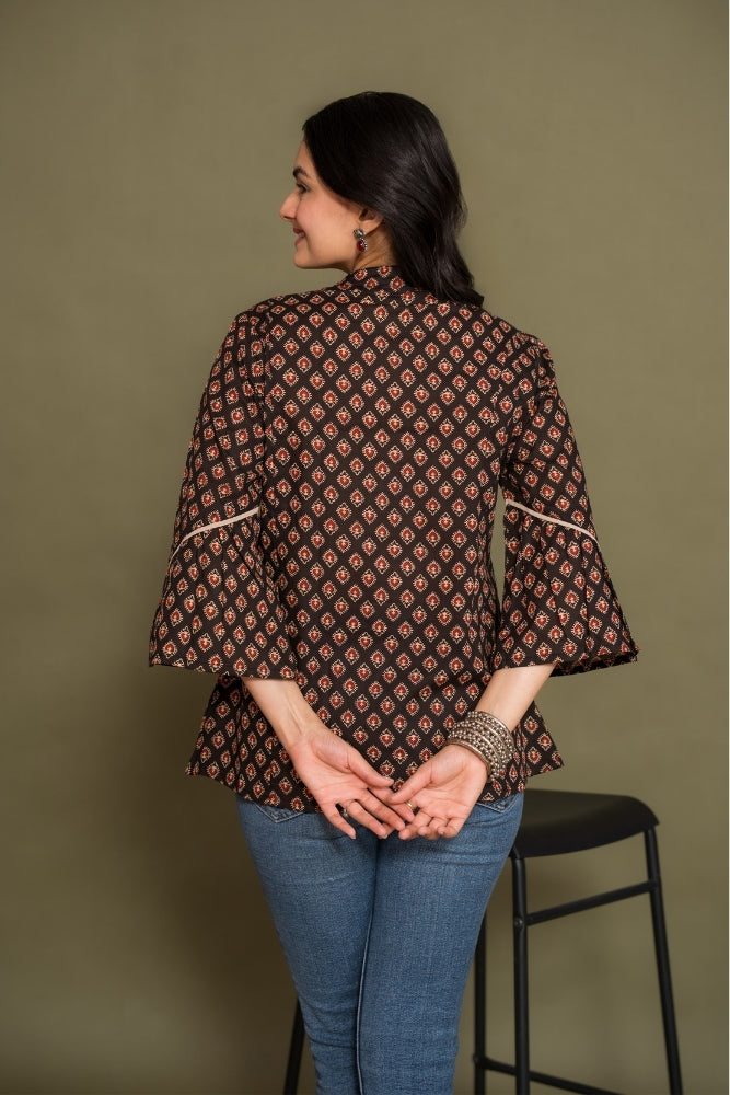 Ekisha's women floral black designer cotton tunic top short kurti, back view