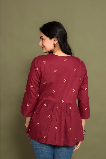 Ekisha's women dark rani floral printed designer cotton tunic top short kurti, back view