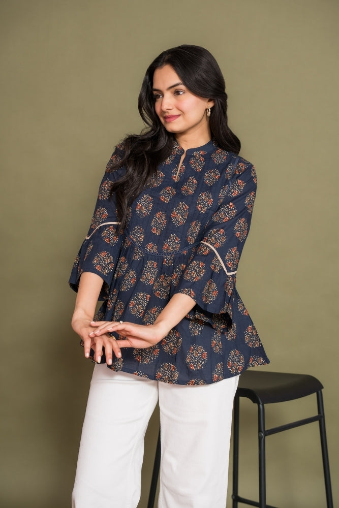 Ekisha's women floral navy designer cotton tunic top short kurti, side view 2