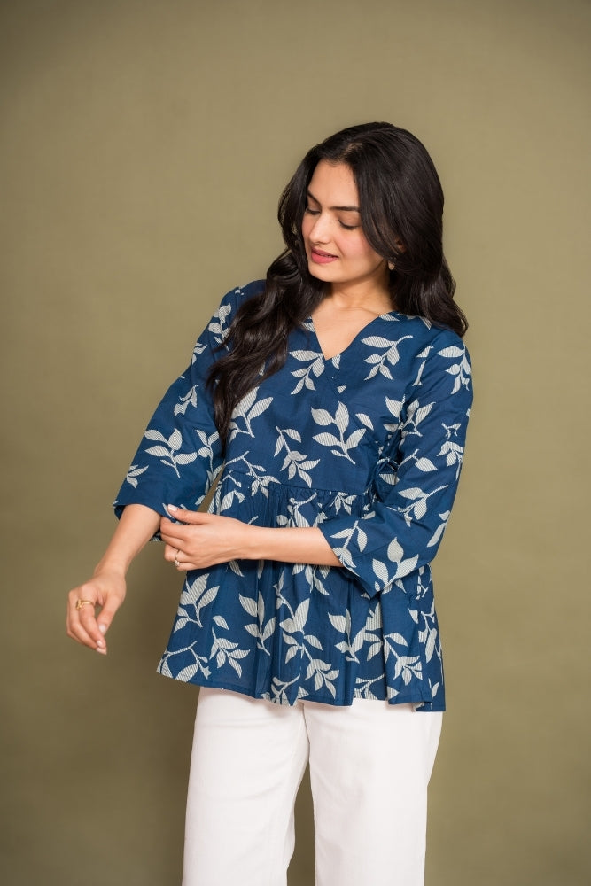 Ekisha's women blue abstract angrakha printed cotton tunic top short kurti, front view 3