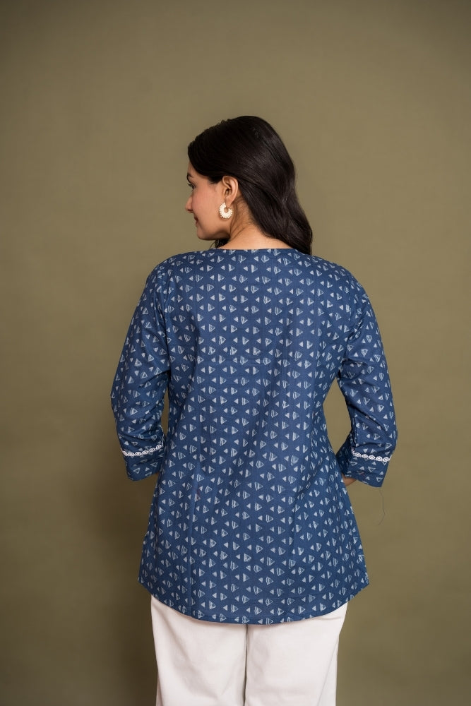 Ekisha's women blue abstract printed designer cotton tunic top short kurti, back view