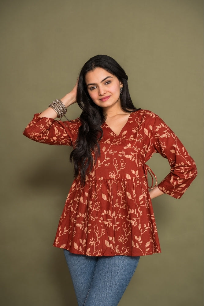 Ekisha's women maroon floral angrakha printed cotton tunic top short kurti, front view 4