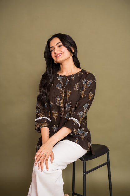 Ekisha's women brown floral printed designer cotton tunic top short kurti, front view 3