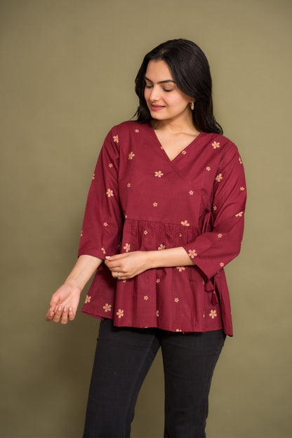 Ekisha's women dark rani abstract angrakha printed cotton tunic top short kurti, front view 2