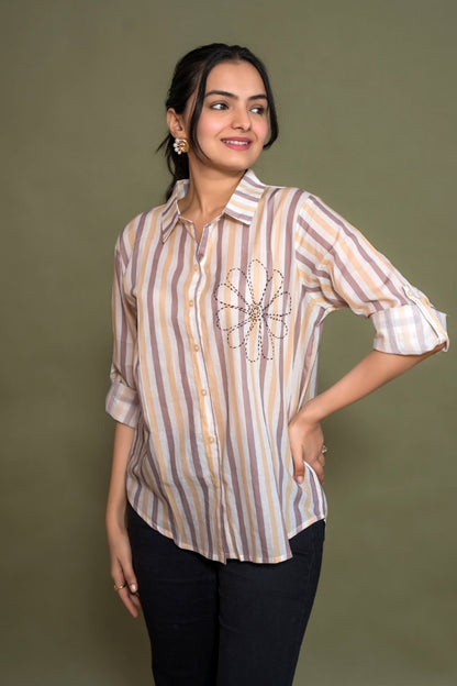 Ekisha women cotton white brown color stripes printed embroidered relaxed fit shirt, front view