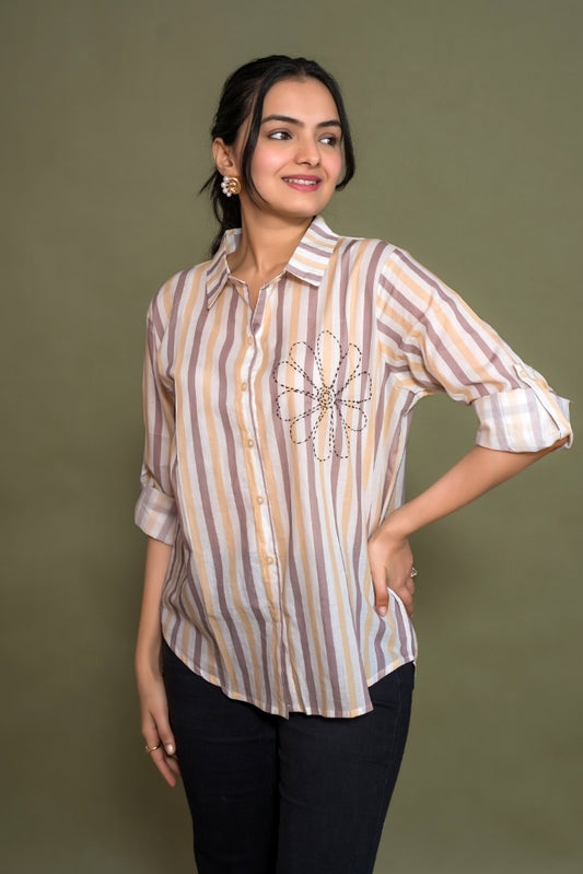 Ekisha women cotton white brown color stripes printed embroidered relaxed fit shirt, front view
