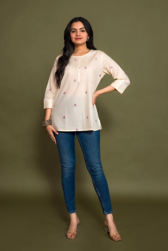 Ekisha's women cream floral printed designer cotton tunic top short kurti, front view 4