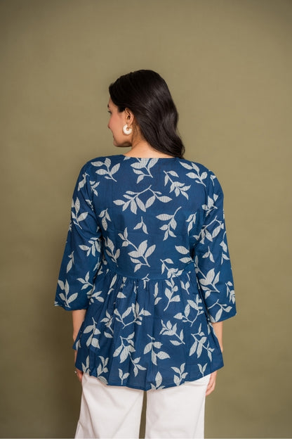 Ekisha's women blue abstract angrakha printed cotton tunic top short kurti, back view