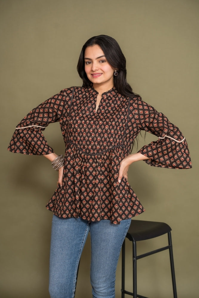 Ekisha's women floral black designer cotton tunic top short kurti, front view 4