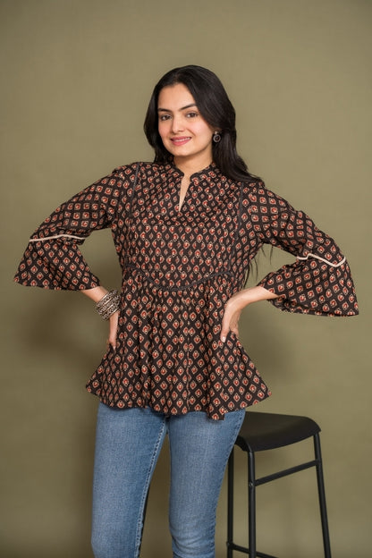 Ekisha's women floral black designer cotton tunic top short kurti, front view 4