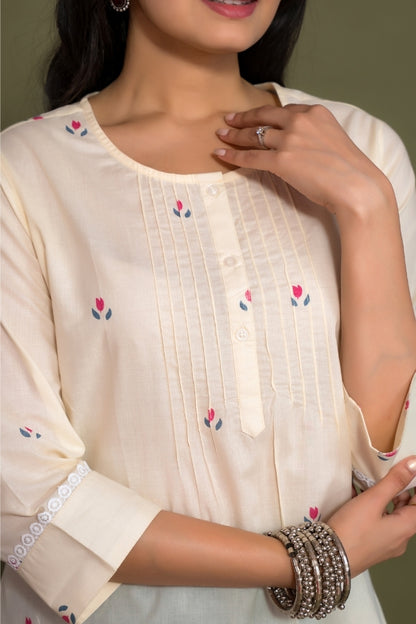Ekisha's women cream floral printed designer cotton tunic top short kurti, detailed view