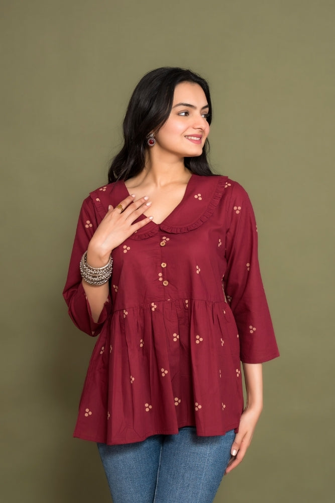 Ekisha's women dark rani floral printed designer cotton tunic top short kurti, side view