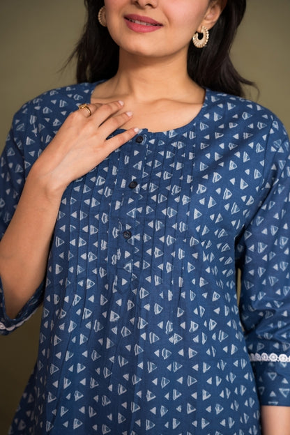 Ekisha's women blue abstract printed designer cotton tunic top short kurti, detailed view 