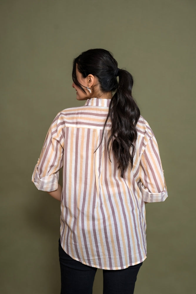 Ekisha women cotton white brown color stripes printed embroidered relaxed fit shirt, back view