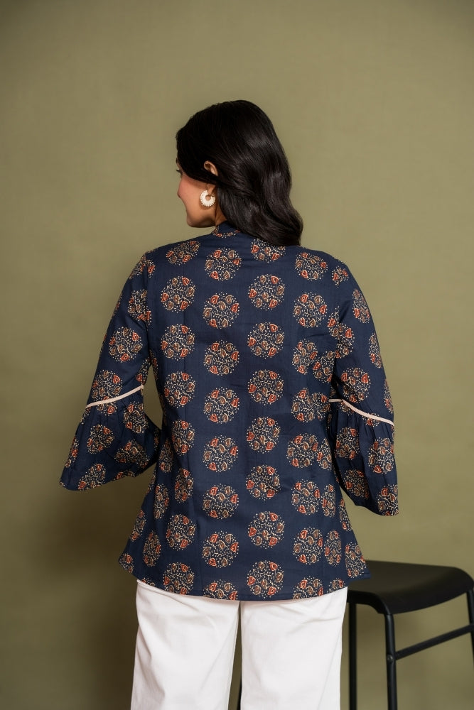 Ekisha's women floral navy designer cotton tunic top short kurti, back view