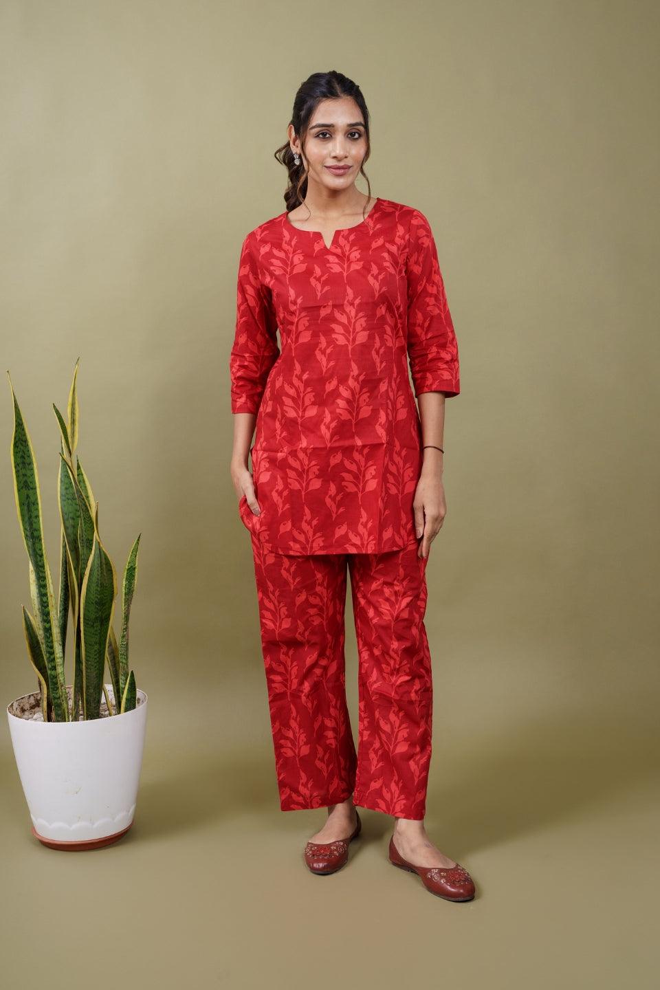 Ekisha's women red floral printed cotton co-ord set lounge wear - Ekisha