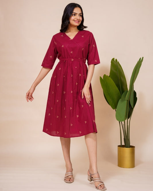 Ekisha's women dark wine printed V neck pure cotton midi dress, front view 